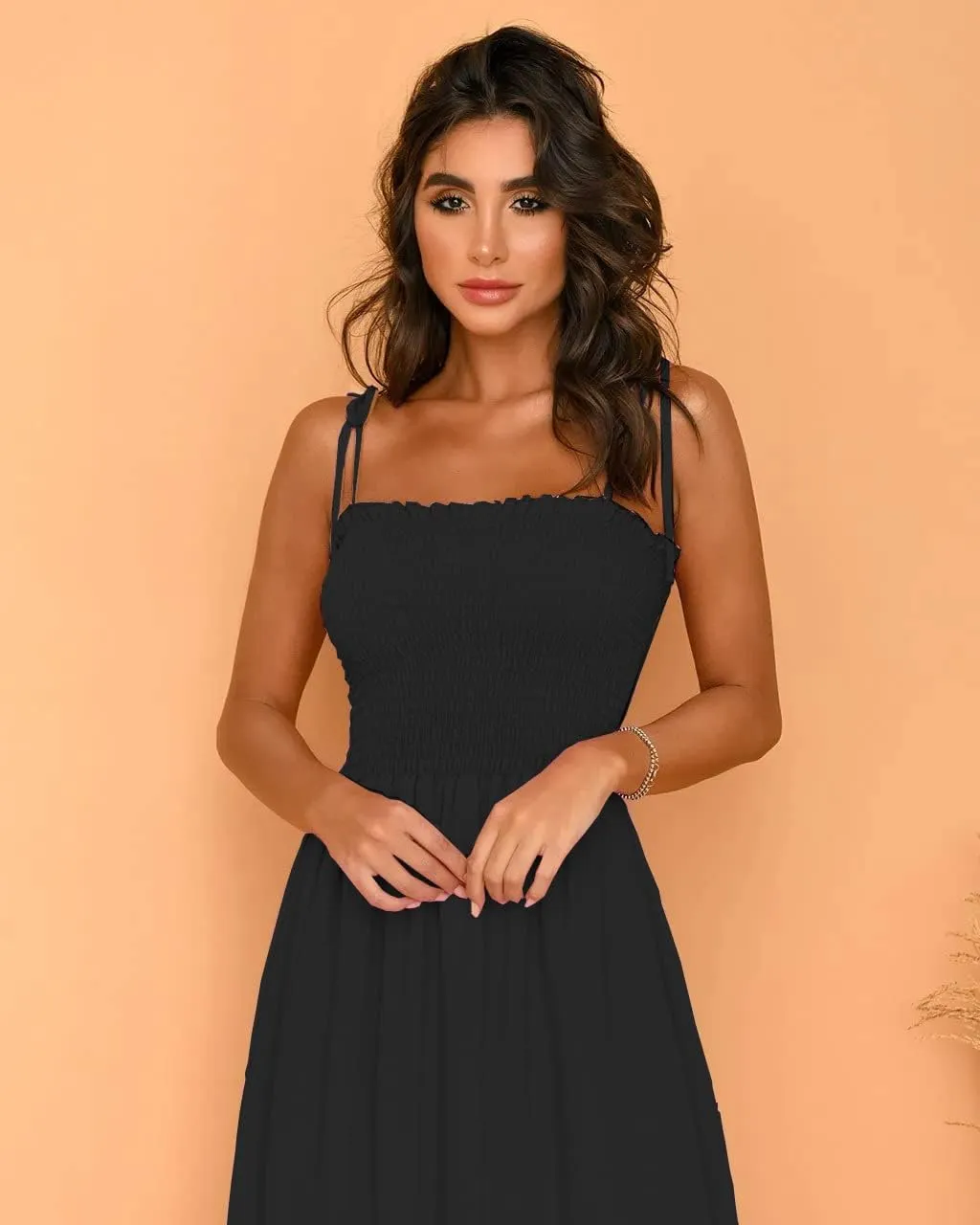 kinstell Women's 2025 Summer Casual Boho Sleeveless Spaghetti Strap Smocked Square Neck Ruffle A Line Beach Long Maxi Dress