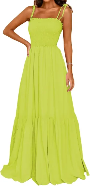 kinstell Women's 2025 Summer Casual Boho Sleeveless Spaghetti Strap Smocked Square Neck Ruffle A Line Beach Long Maxi Dress