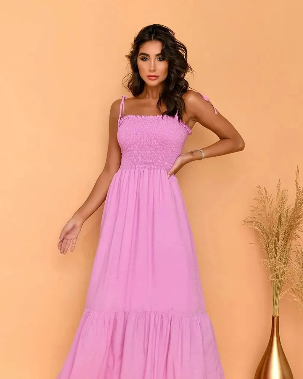 kinstell Women's 2025 Summer Casual Boho Sleeveless Spaghetti Strap Smocked Square Neck Ruffle A Line Beach Long Maxi Dress