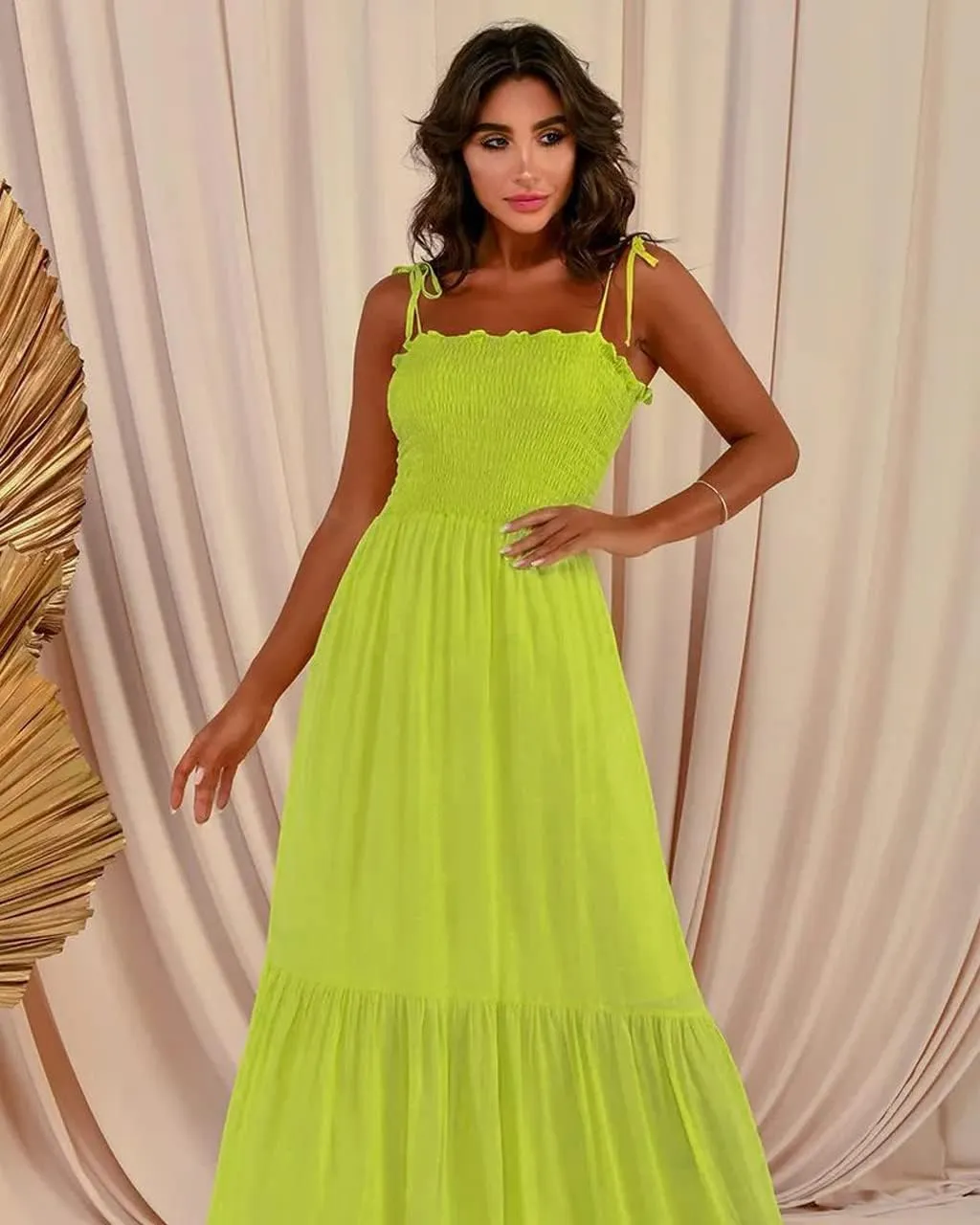 kinstell Women's 2025 Summer Casual Boho Sleeveless Spaghetti Strap Smocked Square Neck Ruffle A Line Beach Long Maxi Dress