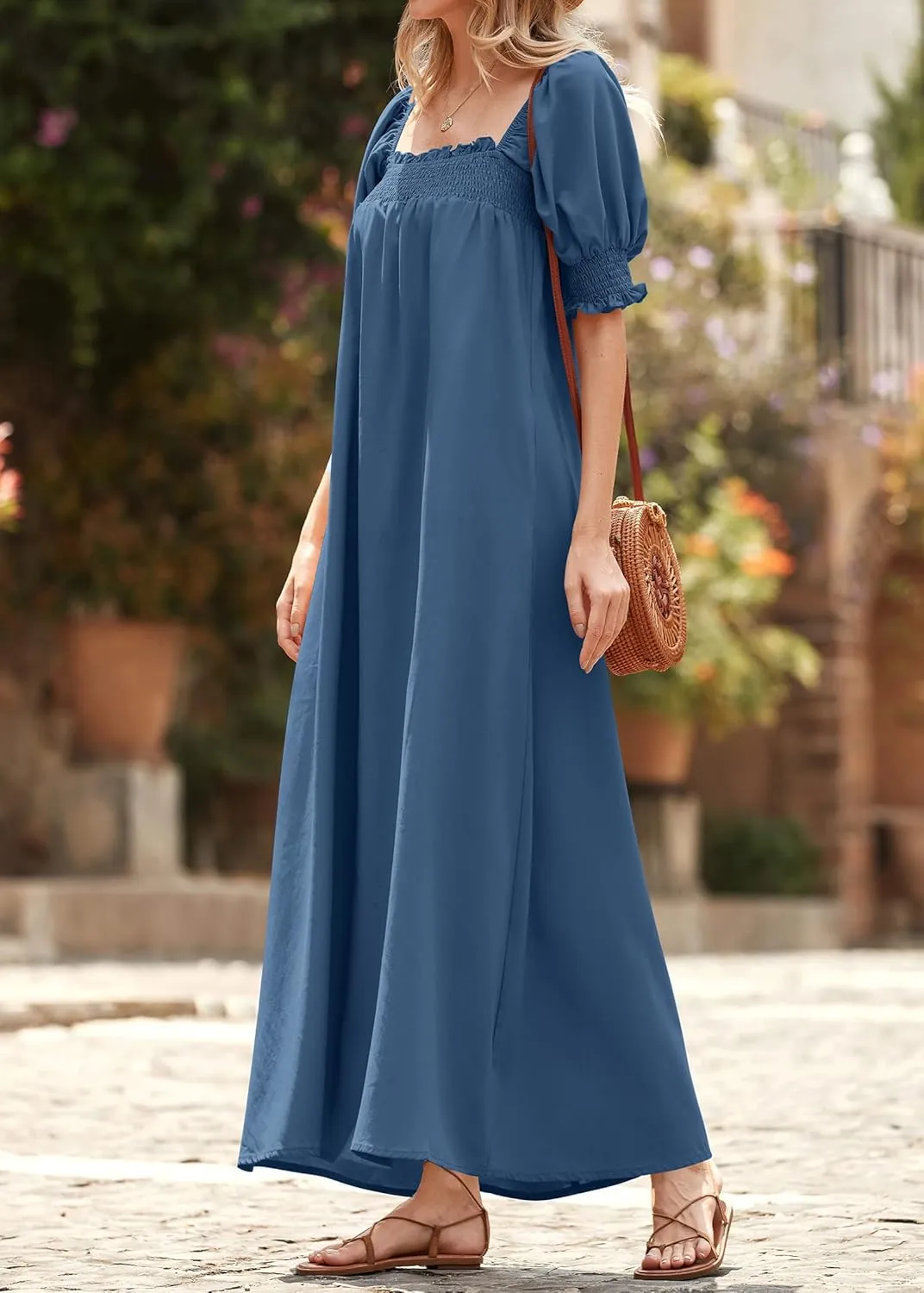 KIRUNDO Women 2025 Summer Maxi Dress Casual Loose Puff Sleeve Square Neck Maternity Flowy Long Beach Dresses with Pockets