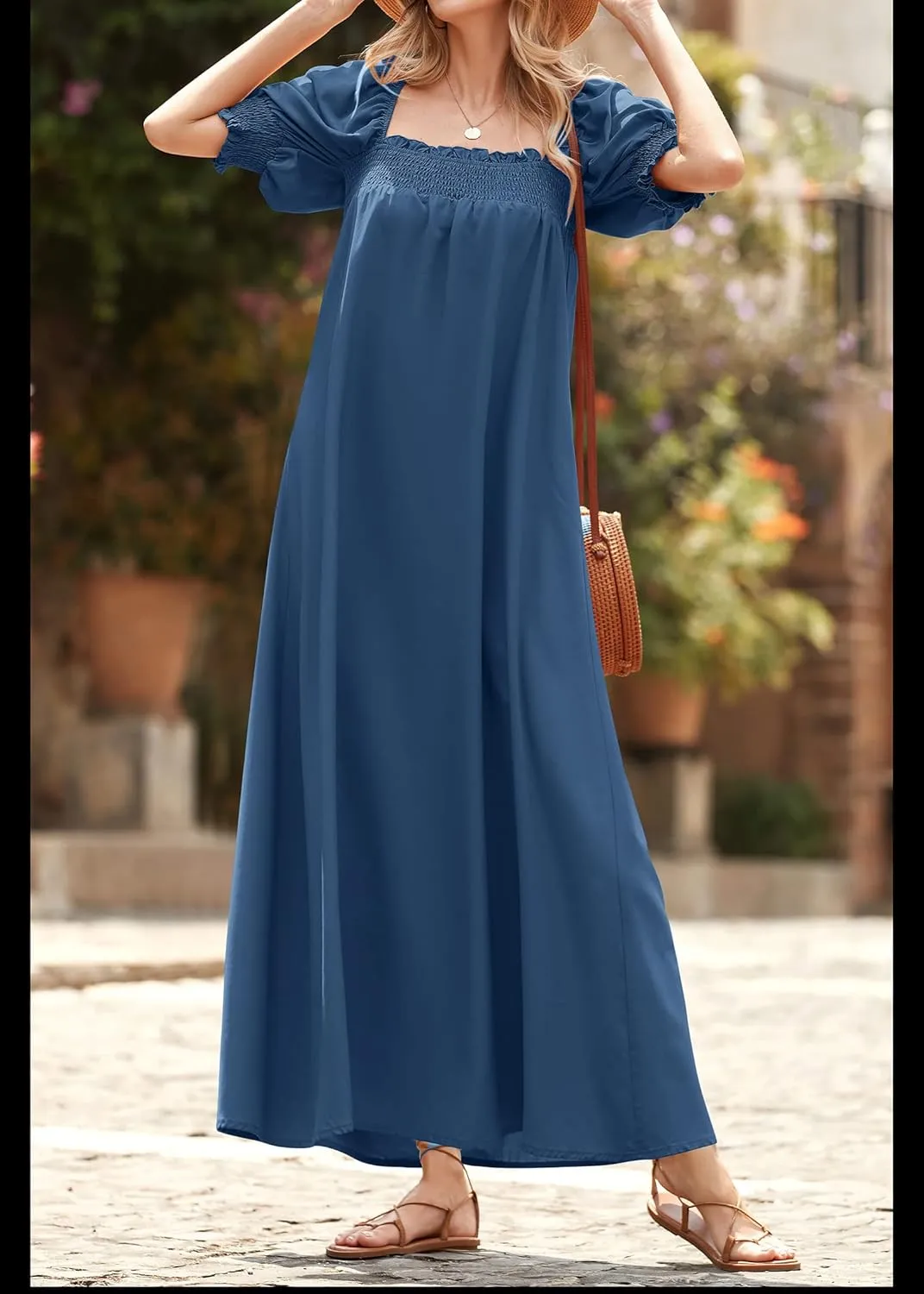 KIRUNDO Women 2025 Summer Maxi Dress Casual Loose Puff Sleeve Square Neck Maternity Flowy Long Beach Dresses with Pockets