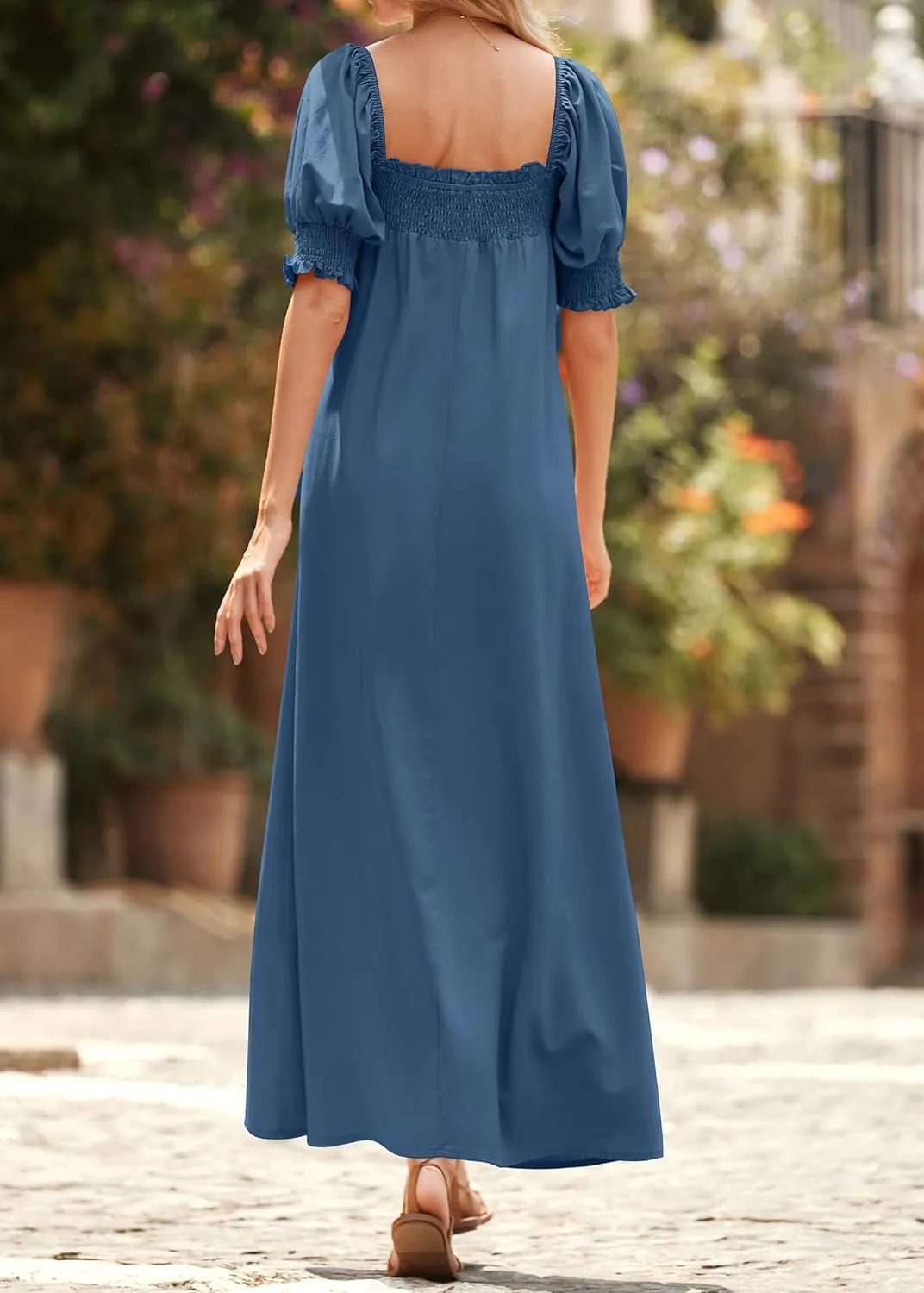 KIRUNDO Women 2025 Summer Maxi Dress Casual Loose Puff Sleeve Square Neck Maternity Flowy Long Beach Dresses with Pockets