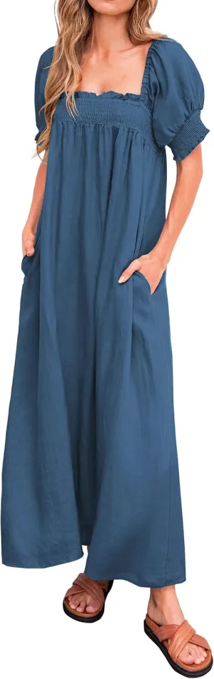 KIRUNDO Women 2025 Summer Maxi Dress Casual Loose Puff Sleeve Square Neck Maternity Flowy Long Beach Dresses with Pockets