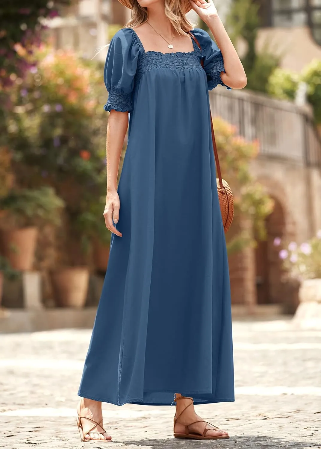 KIRUNDO Women 2025 Summer Maxi Dress Casual Loose Puff Sleeve Square Neck Maternity Flowy Long Beach Dresses with Pockets