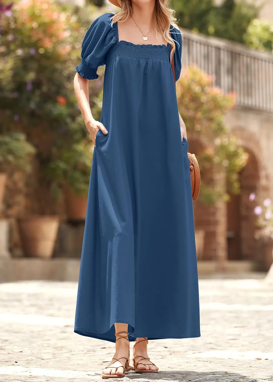 KIRUNDO Women 2025 Summer Maxi Dress Casual Loose Puff Sleeve Square Neck Maternity Flowy Long Beach Dresses with Pockets