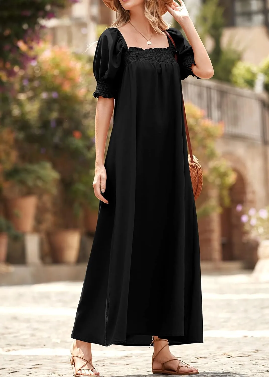 KIRUNDO Women 2025 Summer Maxi Dress Casual Loose Puff Sleeve Square Neck Maternity Flowy Long Beach Dresses with Pockets