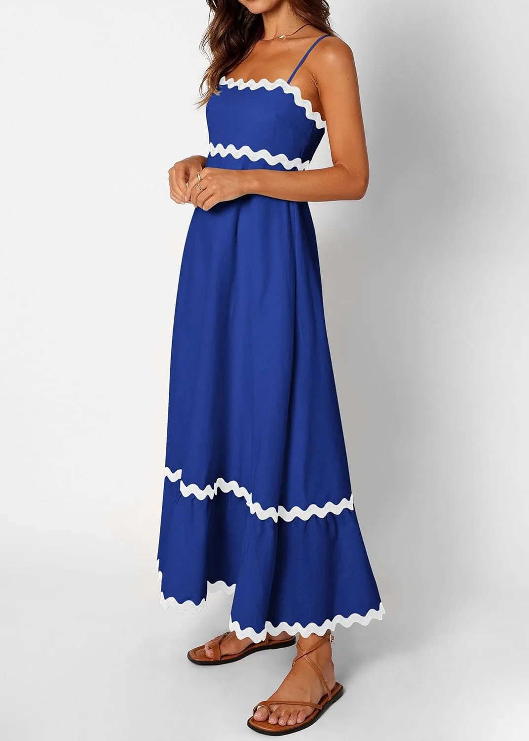 KIRUNDO Womens Summer Dresses 2025 Boho Spaghetti Strap Sleeveless Smocked Rickrack Trim Flowy Beach Vacation Midi Sundress