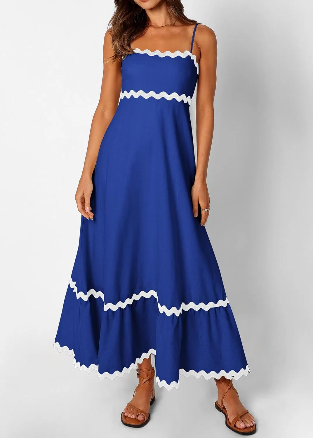 KIRUNDO Womens Summer Dresses 2025 Boho Spaghetti Strap Sleeveless Smocked Rickrack Trim Flowy Beach Vacation Midi Sundress