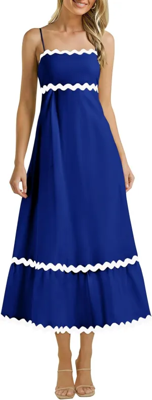 KIRUNDO Womens Summer Dresses 2025 Boho Spaghetti Strap Sleeveless Smocked Rickrack Trim Flowy Beach Vacation Midi Sundress
