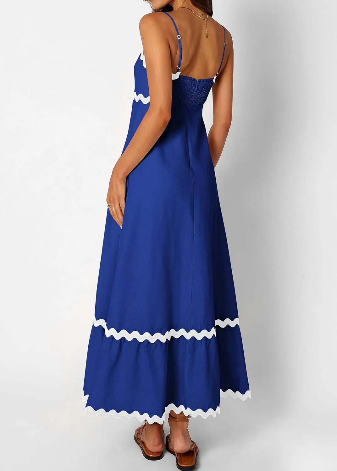 KIRUNDO Womens Summer Dresses 2025 Boho Spaghetti Strap Sleeveless Smocked Rickrack Trim Flowy Beach Vacation Midi Sundress