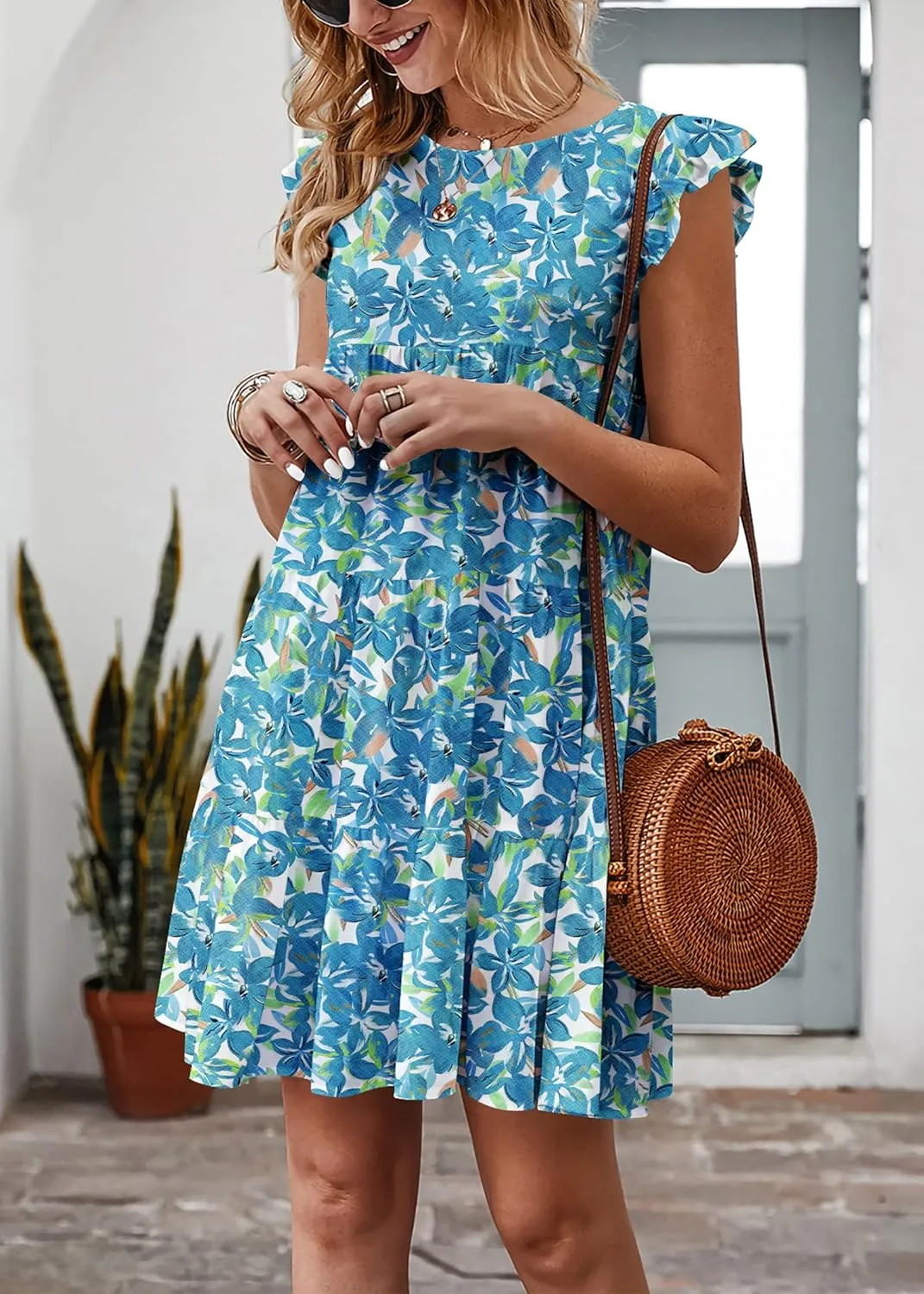 KIRUNDO Women's Summer Dresses Sleeveless Ruffle Sleeve Round Neck Solid Loose Short Flowy Pleated Mini Babydoll Dress