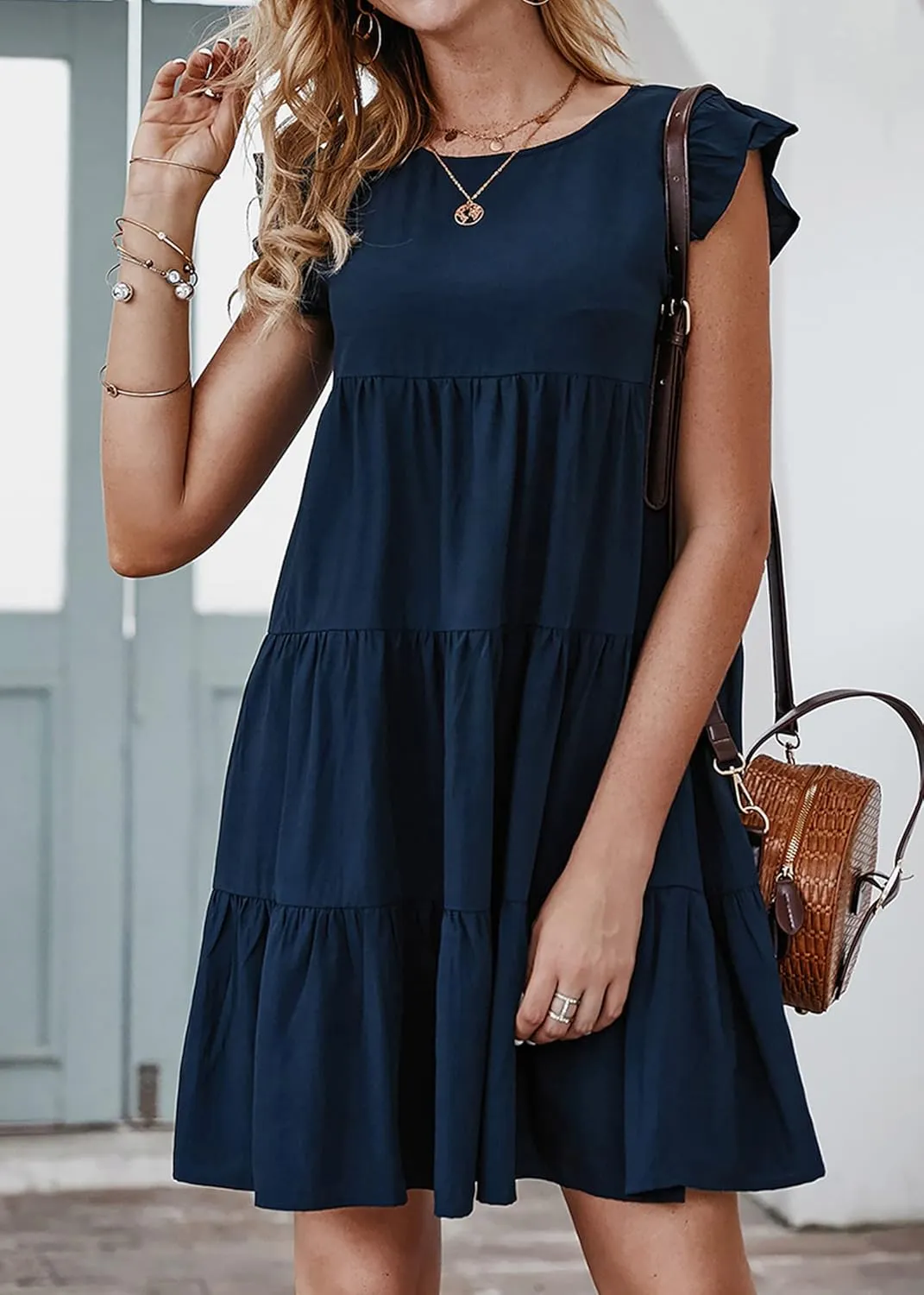 KIRUNDO Women's Summer Dresses Sleeveless Ruffle Sleeve Round Neck Solid Loose Short Flowy Pleated Mini Babydoll Dress