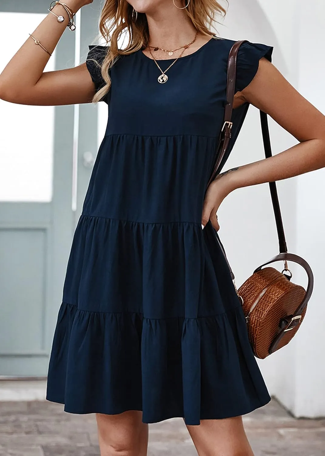 KIRUNDO Women's Summer Dresses Sleeveless Ruffle Sleeve Round Neck Solid Loose Short Flowy Pleated Mini Babydoll Dress