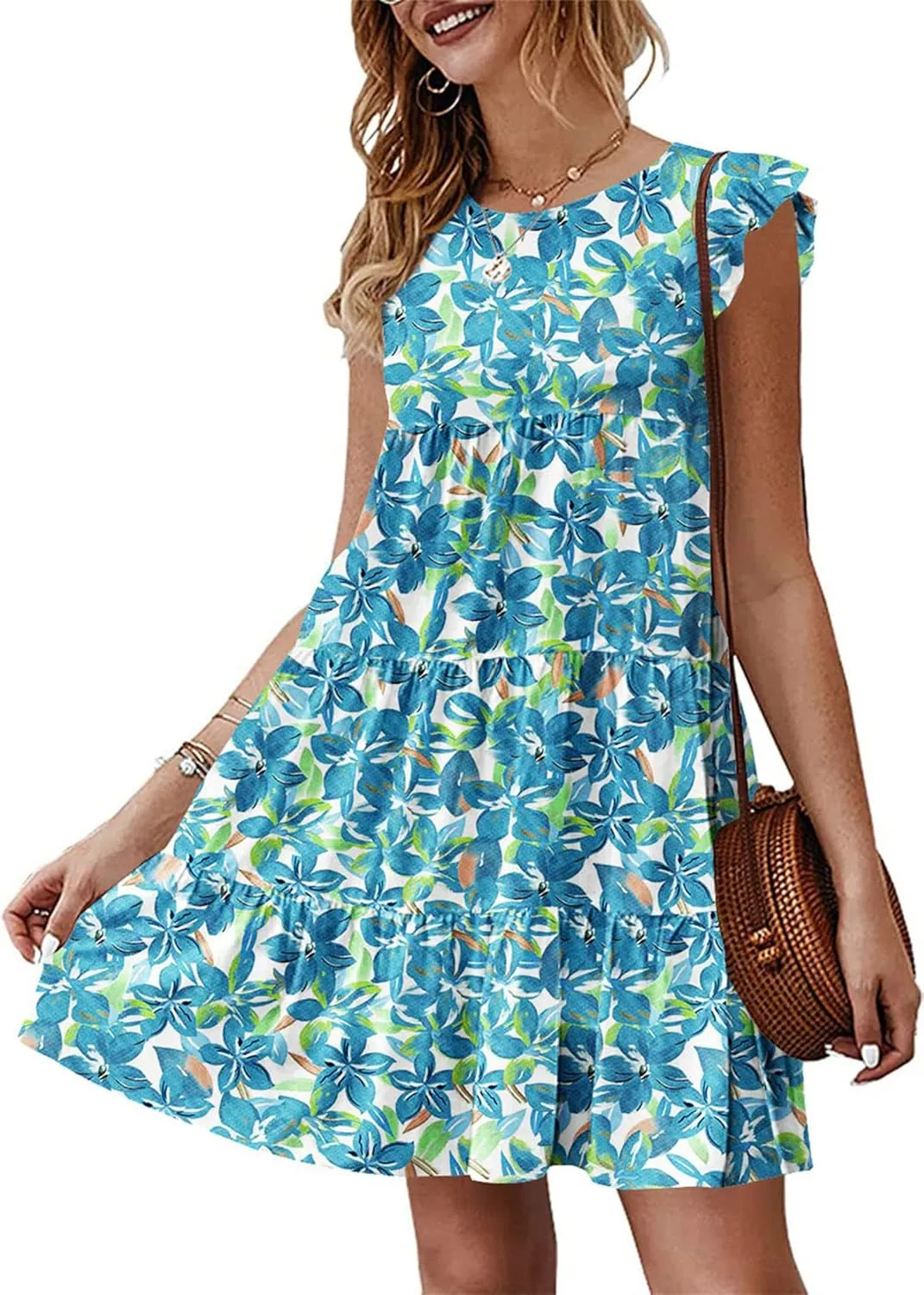KIRUNDO Women's Summer Dresses Sleeveless Ruffle Sleeve Round Neck Solid Loose Short Flowy Pleated Mini Babydoll Dress