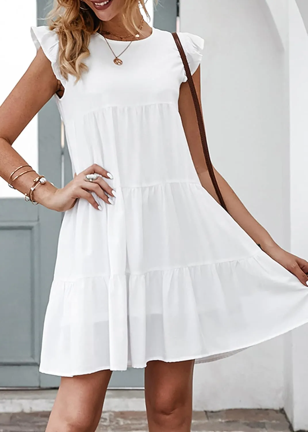 KIRUNDO Women's Summer Dresses Sleeveless Ruffle Sleeve Round Neck Solid Loose Short Flowy Pleated Mini Babydoll Dress