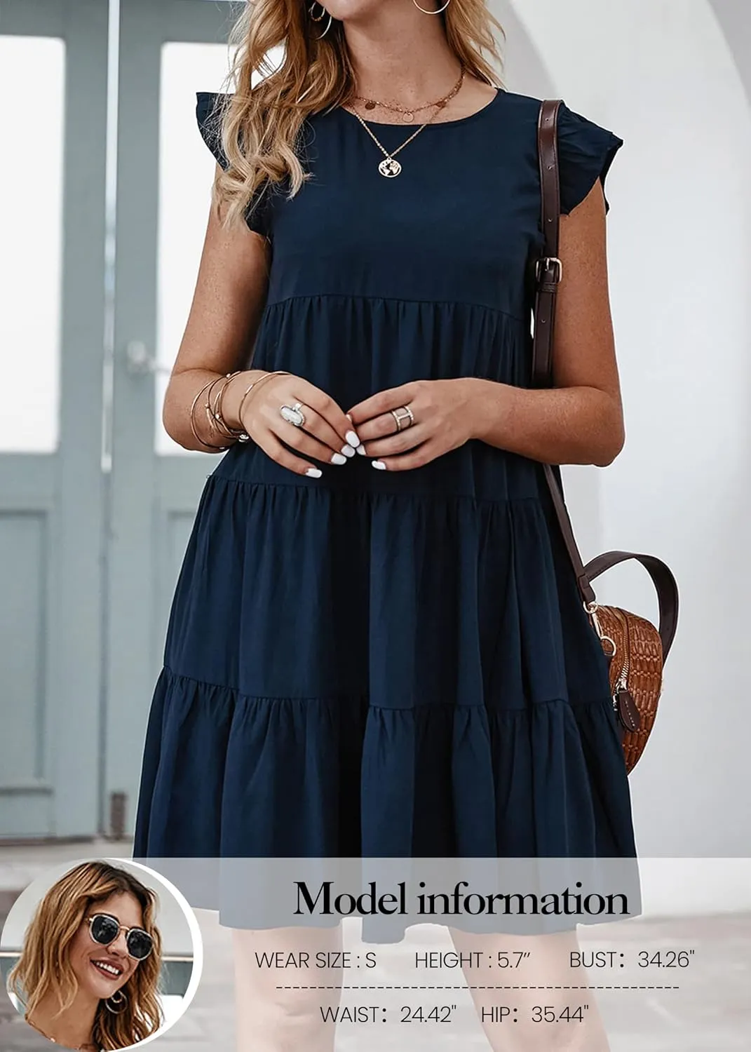 KIRUNDO Women's Summer Dresses Sleeveless Ruffle Sleeve Round Neck Solid Loose Short Flowy Pleated Mini Babydoll Dress