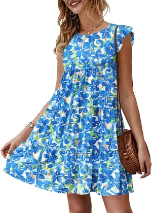 KIRUNDO Women's Summer Dresses Sleeveless Ruffle Sleeve Round Neck Solid Loose Short Flowy Pleated Mini Babydoll Dress