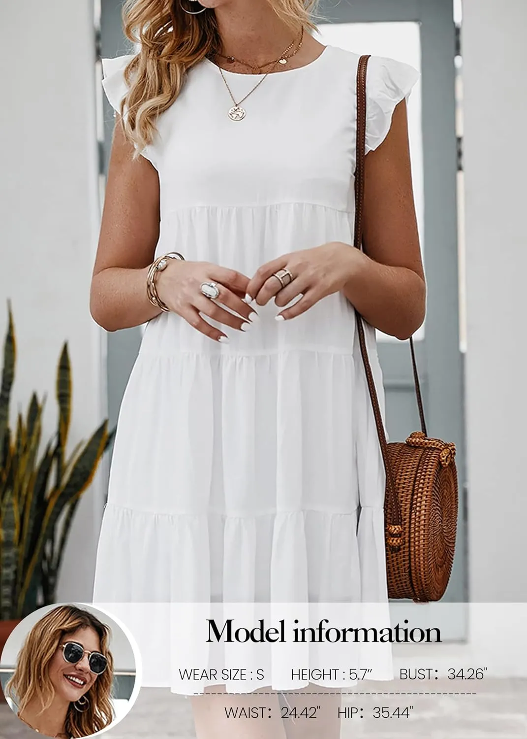 KIRUNDO Women's Summer Dresses Sleeveless Ruffle Sleeve Round Neck Solid Loose Short Flowy Pleated Mini Babydoll Dress