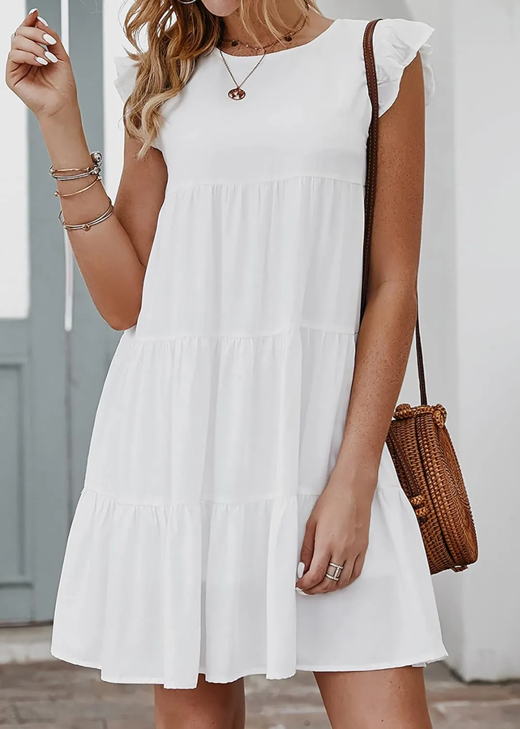 KIRUNDO Women's Summer Dresses Sleeveless Ruffle Sleeve Round Neck Solid Loose Short Flowy Pleated Mini Babydoll Dress