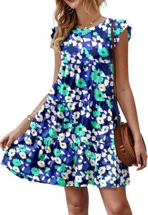 KIRUNDO Women's Summer Dresses Sleeveless Ruffle Sleeve Round Neck Solid Loose Short Flowy Pleated Mini Babydoll Dress