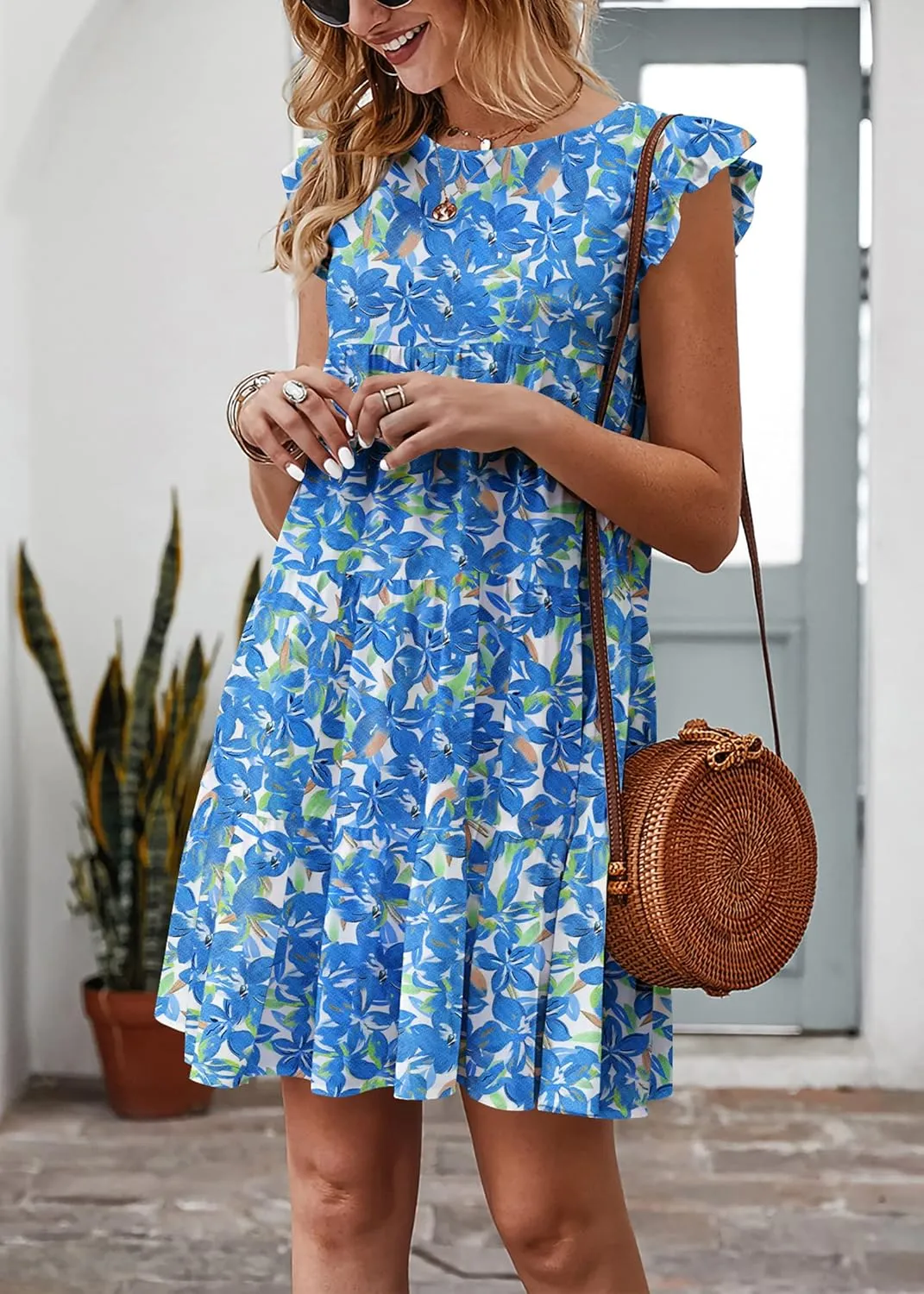 KIRUNDO Women's Summer Dresses Sleeveless Ruffle Sleeve Round Neck Solid Loose Short Flowy Pleated Mini Babydoll Dress