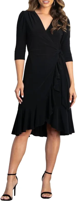Kiyonna Plus Size Whimsy Ruffled Midi Wrap Dress with Sleeves - Cocktail, Party, Wedding Guest or Work