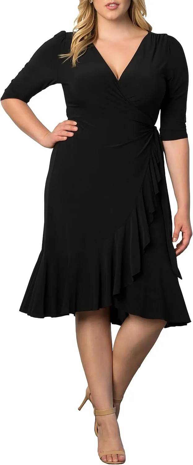 Kiyonna Plus Size Whimsy Ruffled Midi Wrap Dress with Sleeves - Cocktail, Party, Wedding Guest or Work