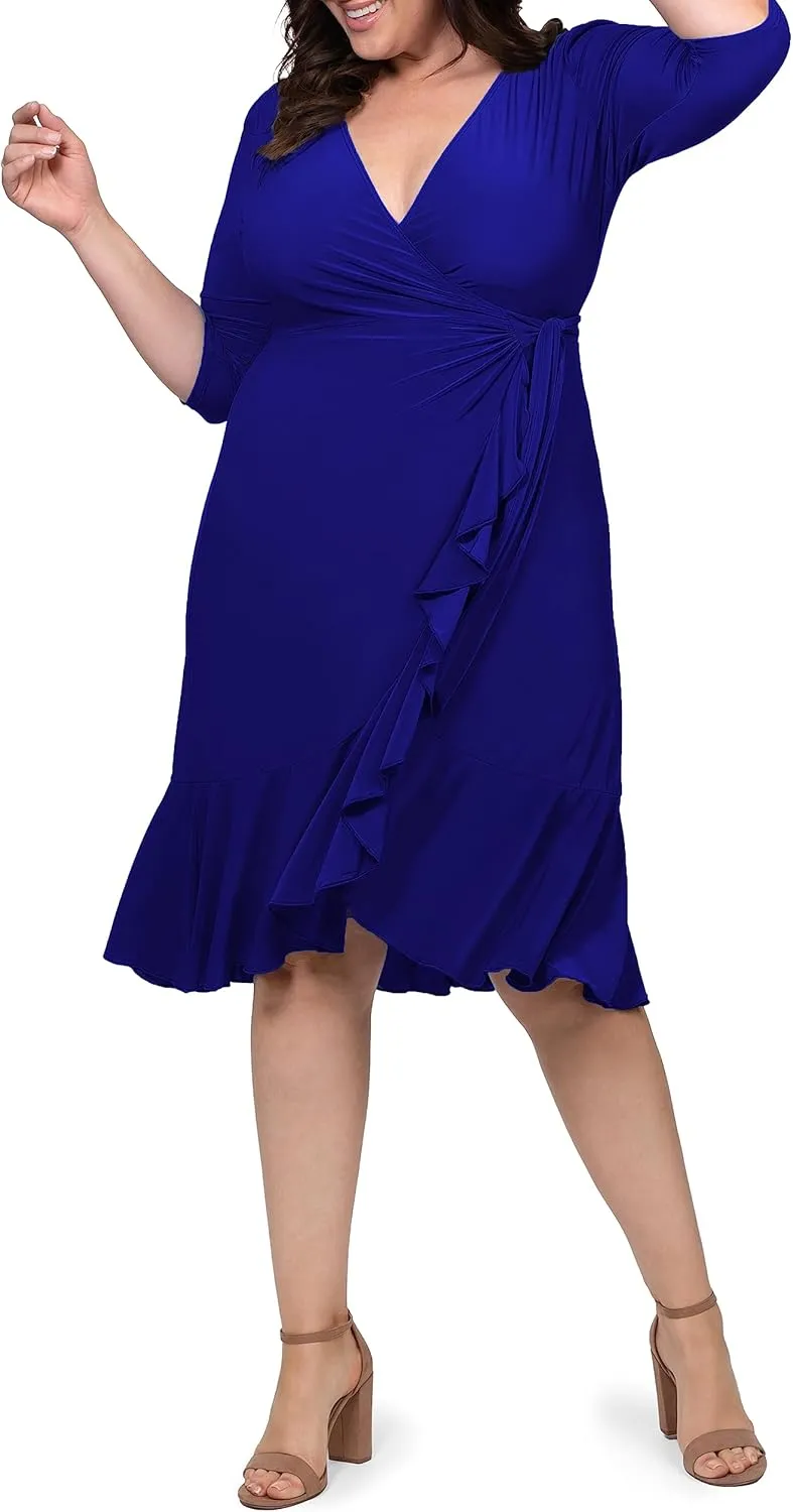 Kiyonna Plus Size Whimsy Ruffled Midi Wrap Dress with Sleeves - Cocktail, Party, Wedding Guest or Work