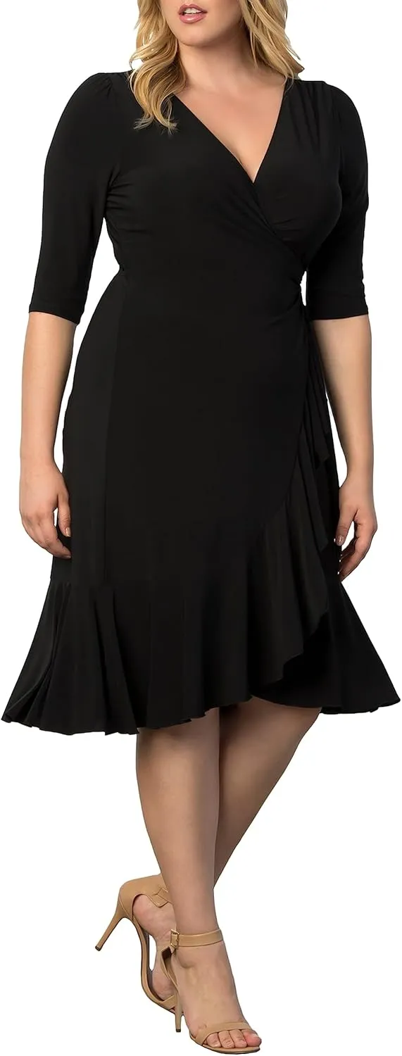 Kiyonna Plus Size Whimsy Ruffled Midi Wrap Dress with Sleeves - Cocktail, Party, Wedding Guest or Work
