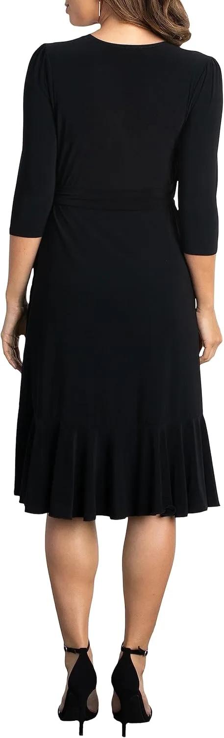 Kiyonna Plus Size Whimsy Ruffled Midi Wrap Dress with Sleeves - Cocktail, Party, Wedding Guest or Work