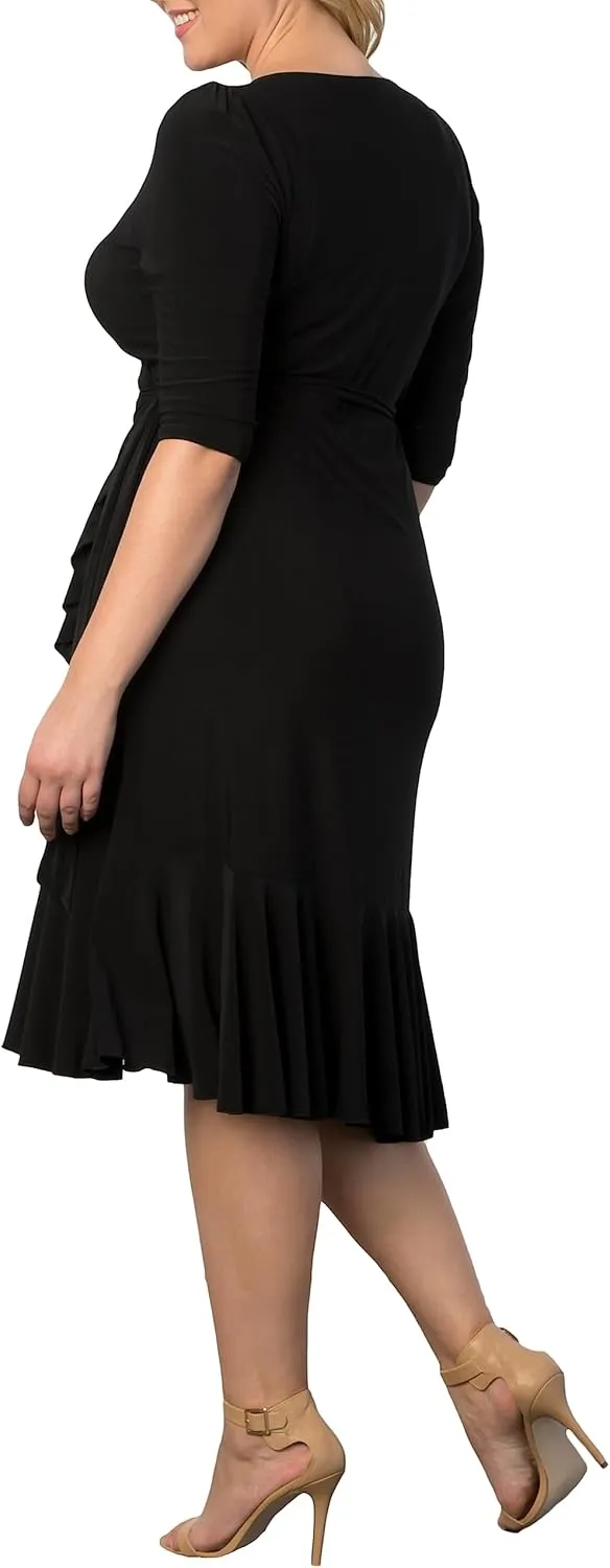 Kiyonna Plus Size Whimsy Ruffled Midi Wrap Dress with Sleeves - Cocktail, Party, Wedding Guest or Work