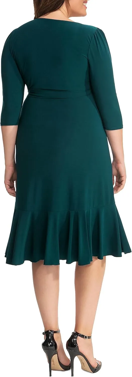 Kiyonna Plus Size Whimsy Ruffled Midi Wrap Dress with Sleeves - Cocktail, Party, Wedding Guest or Work