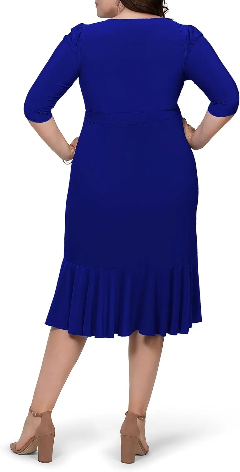 Kiyonna Plus Size Whimsy Ruffled Midi Wrap Dress with Sleeves - Cocktail, Party, Wedding Guest or Work