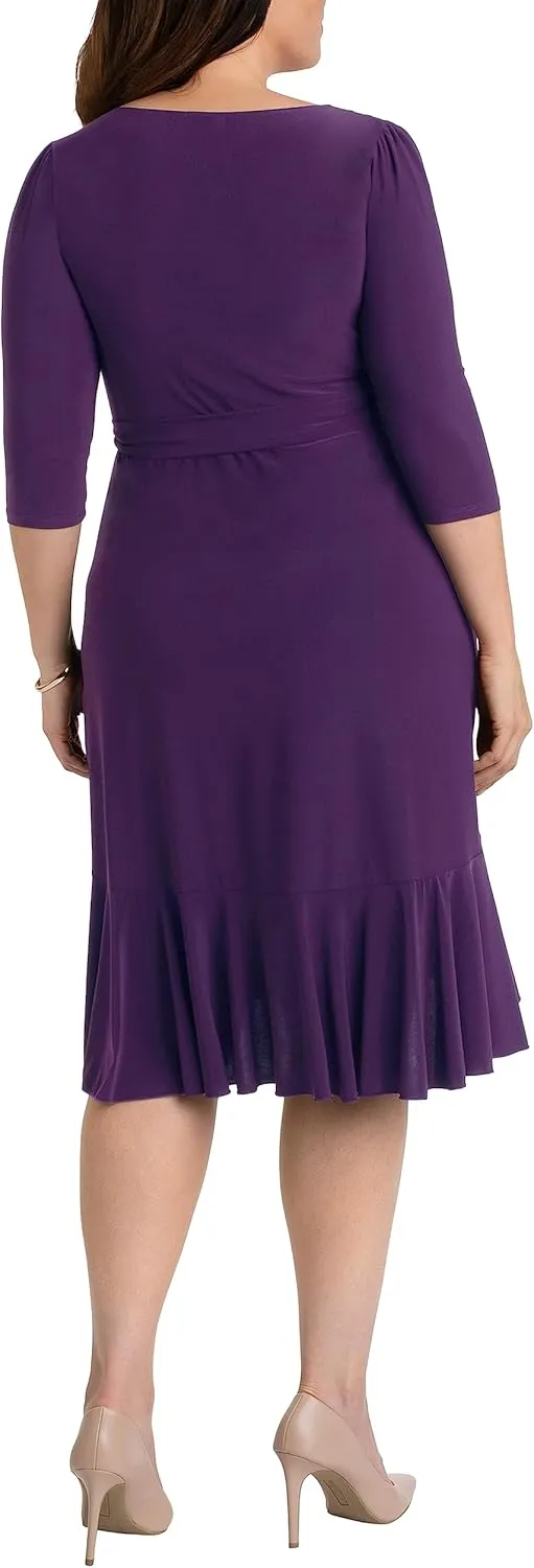 Kiyonna Plus Size Whimsy Ruffled Midi Wrap Dress with Sleeves - Cocktail, Party, Wedding Guest or Work