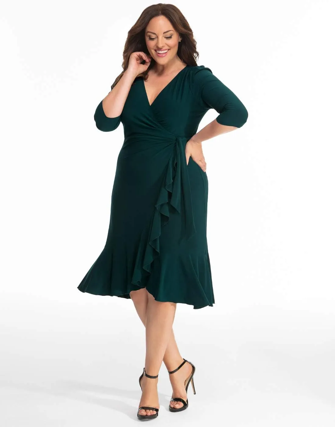 Kiyonna Plus Size Whimsy Ruffled Midi Wrap Dress with Sleeves - Cocktail, Party, Wedding Guest or Work