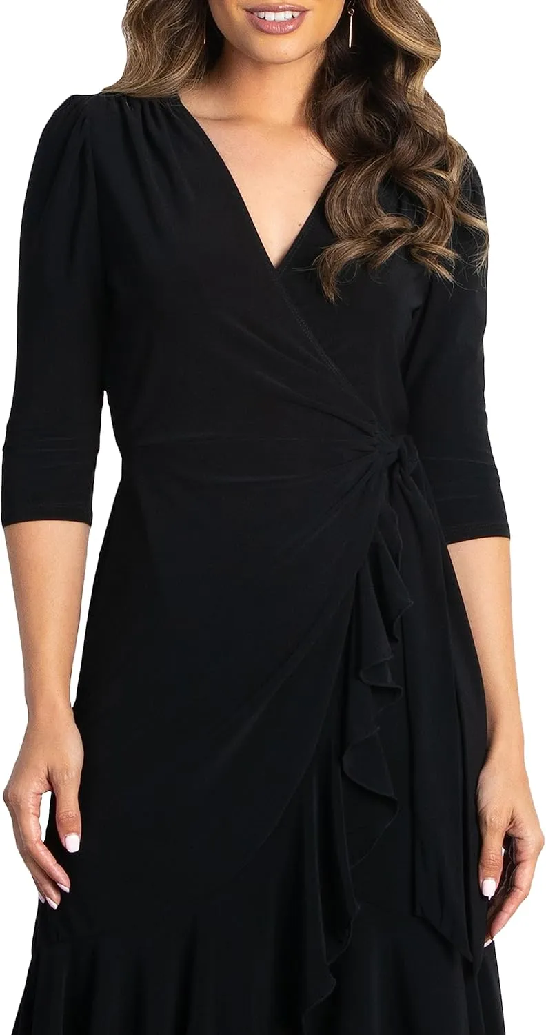 Kiyonna Plus Size Whimsy Ruffled Midi Wrap Dress with Sleeves - Cocktail, Party, Wedding Guest or Work
