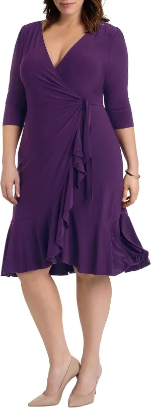 Kiyonna Plus Size Whimsy Ruffled Midi Wrap Dress with Sleeves - Cocktail, Party, Wedding Guest or Work