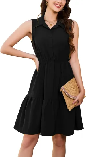 Kormei Women's Casual Summer Sleeveless V Neck Button Short Dress Boho Floral A line Shirts Sundress