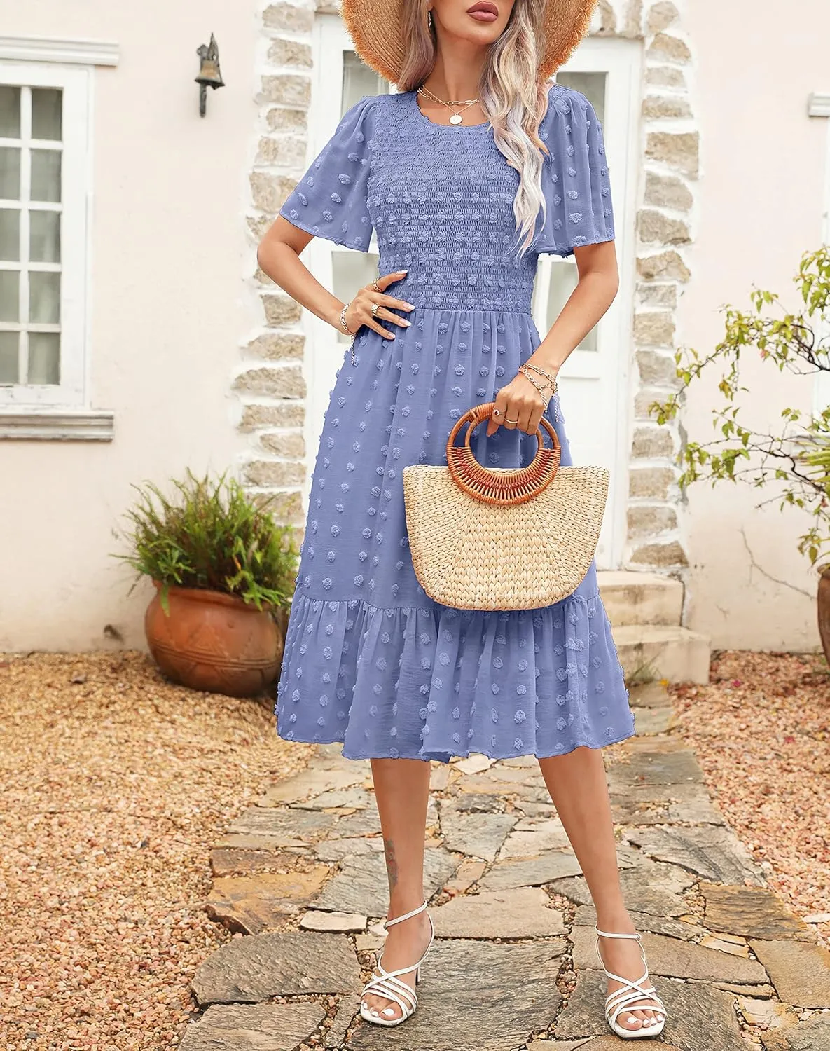 Kranda Women 2025 Summer Spring Round Neck Flutter Short Sleeve Casual Swing Flowy Ruffle Smocked Swiss Dot Midi Dress