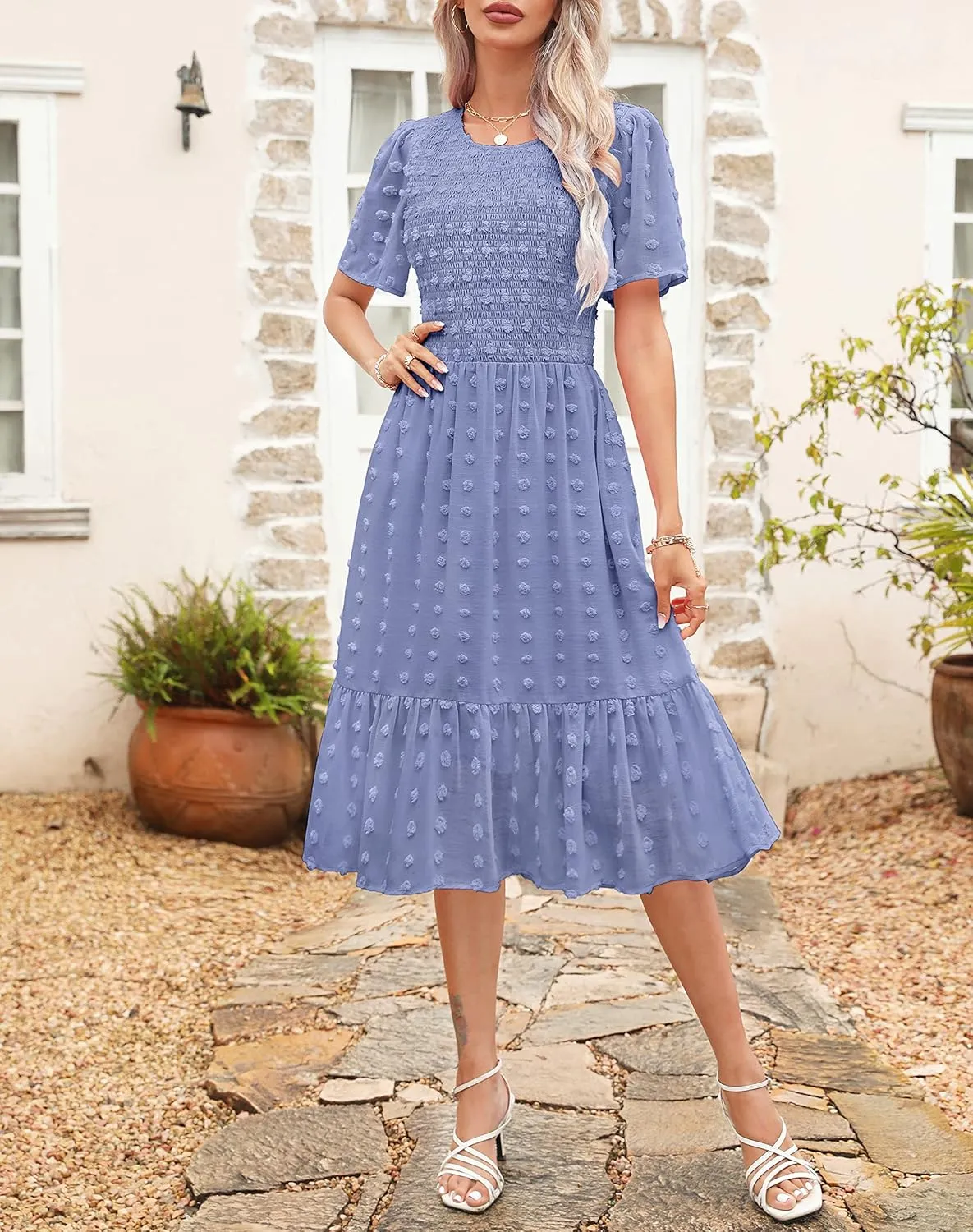 Kranda Women 2025 Summer Spring Round Neck Flutter Short Sleeve Casual Swing Flowy Ruffle Smocked Swiss Dot Midi Dress