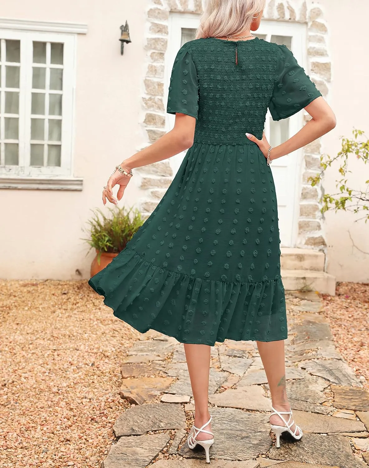 Kranda Women 2025 Summer Spring Round Neck Flutter Short Sleeve Casual Swing Flowy Ruffle Smocked Swiss Dot Midi Dress