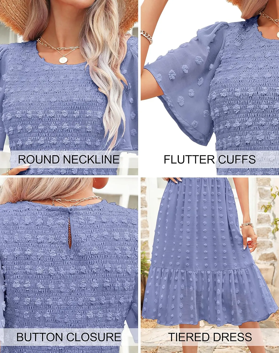 Kranda Women 2025 Summer Spring Round Neck Flutter Short Sleeve Casual Swing Flowy Ruffle Smocked Swiss Dot Midi Dress