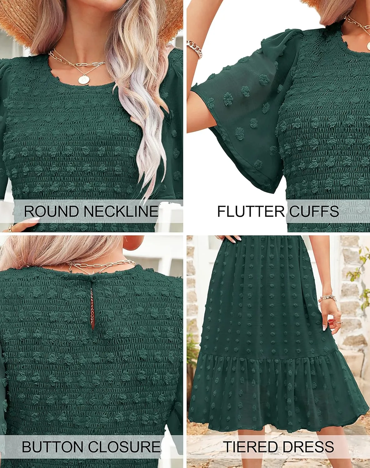 Kranda Women 2025 Summer Spring Round Neck Flutter Short Sleeve Casual Swing Flowy Ruffle Smocked Swiss Dot Midi Dress