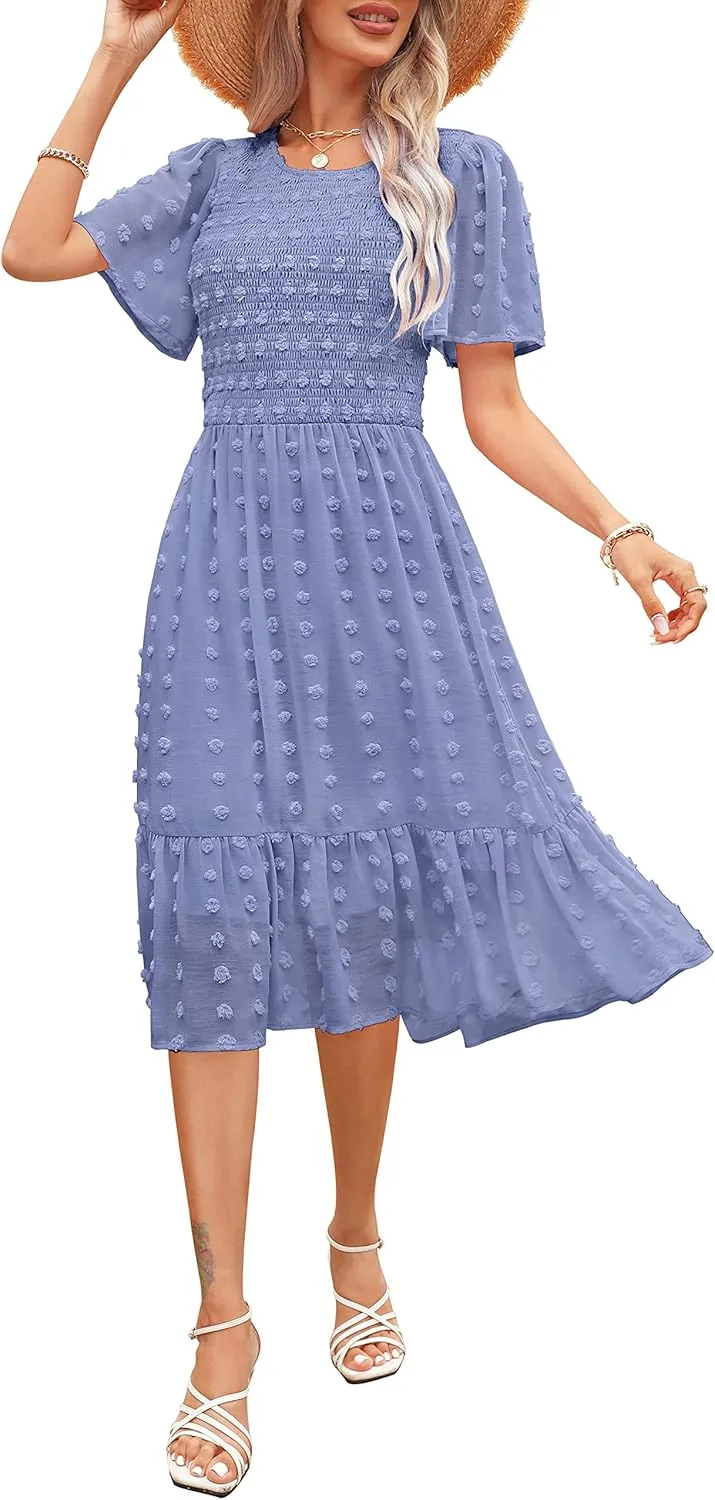 Kranda Women 2025 Summer Spring Round Neck Flutter Short Sleeve Casual Swing Flowy Ruffle Smocked Swiss Dot Midi Dress