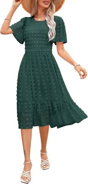 Kranda Women 2025 Summer Spring Round Neck Flutter Short Sleeve Casual Swing Flowy Ruffle Smocked Swiss Dot Midi Dress