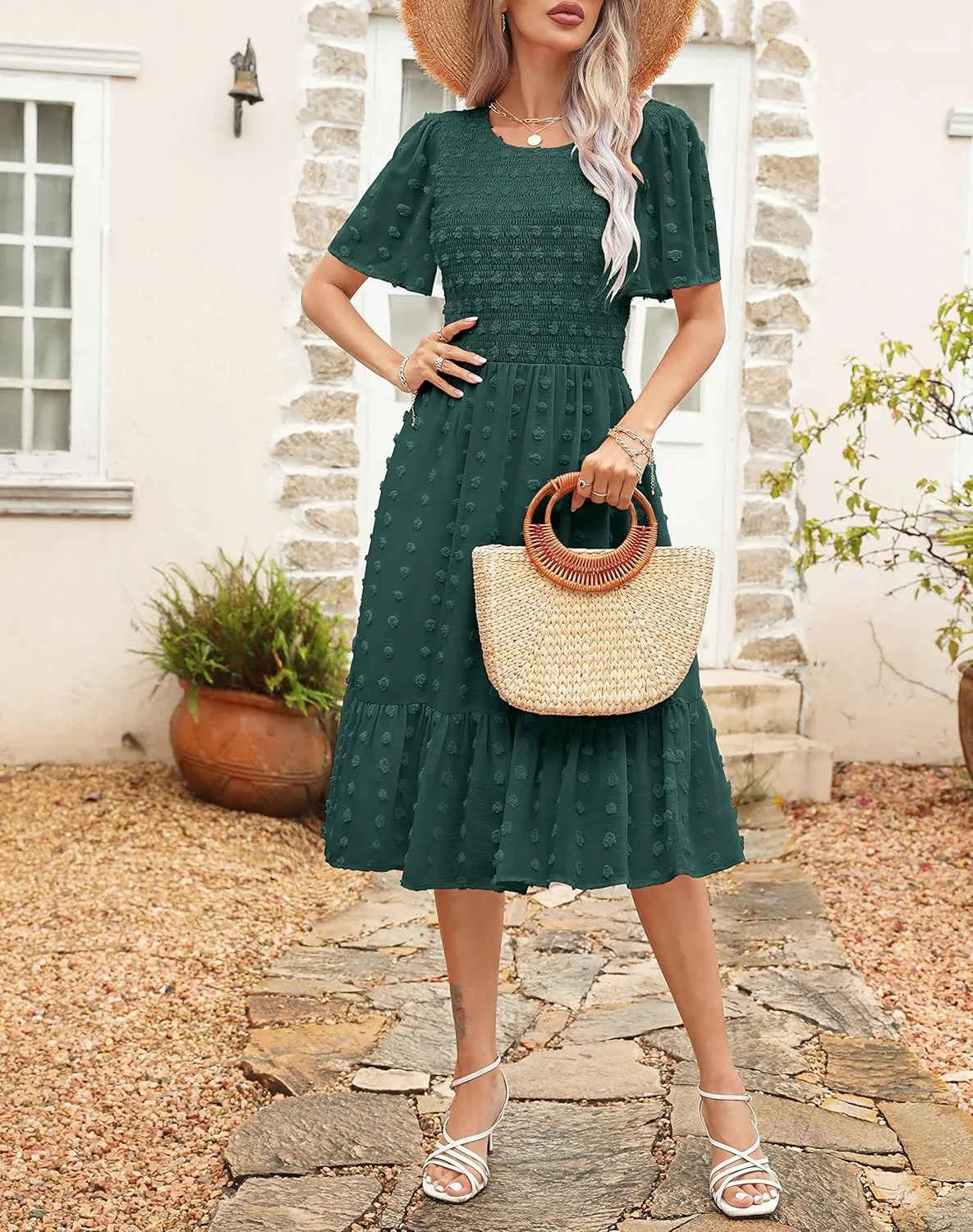 Kranda Women 2025 Summer Spring Round Neck Flutter Short Sleeve Casual Swing Flowy Ruffle Smocked Swiss Dot Midi Dress