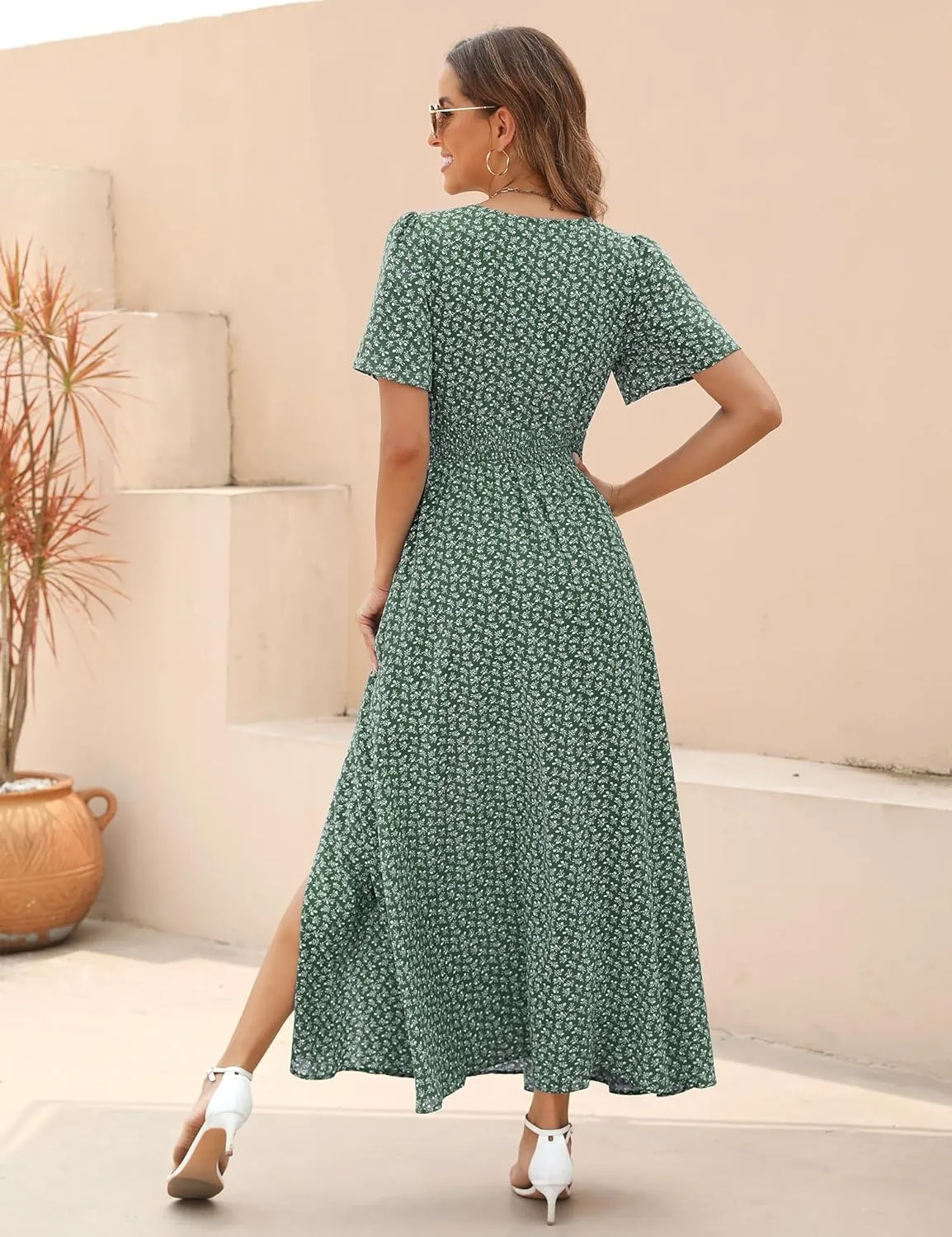 Kranda Women 2025 Summer Spring V Neck High Waist Short Sleeve Casual Long Boho Floral Swing Flowy Slit Beach Maxi Dress