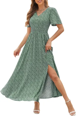 Kranda Women 2025 Summer Spring V Neck High Waist Short Sleeve Casual Long Boho Floral Swing Flowy Slit Beach Maxi Dress