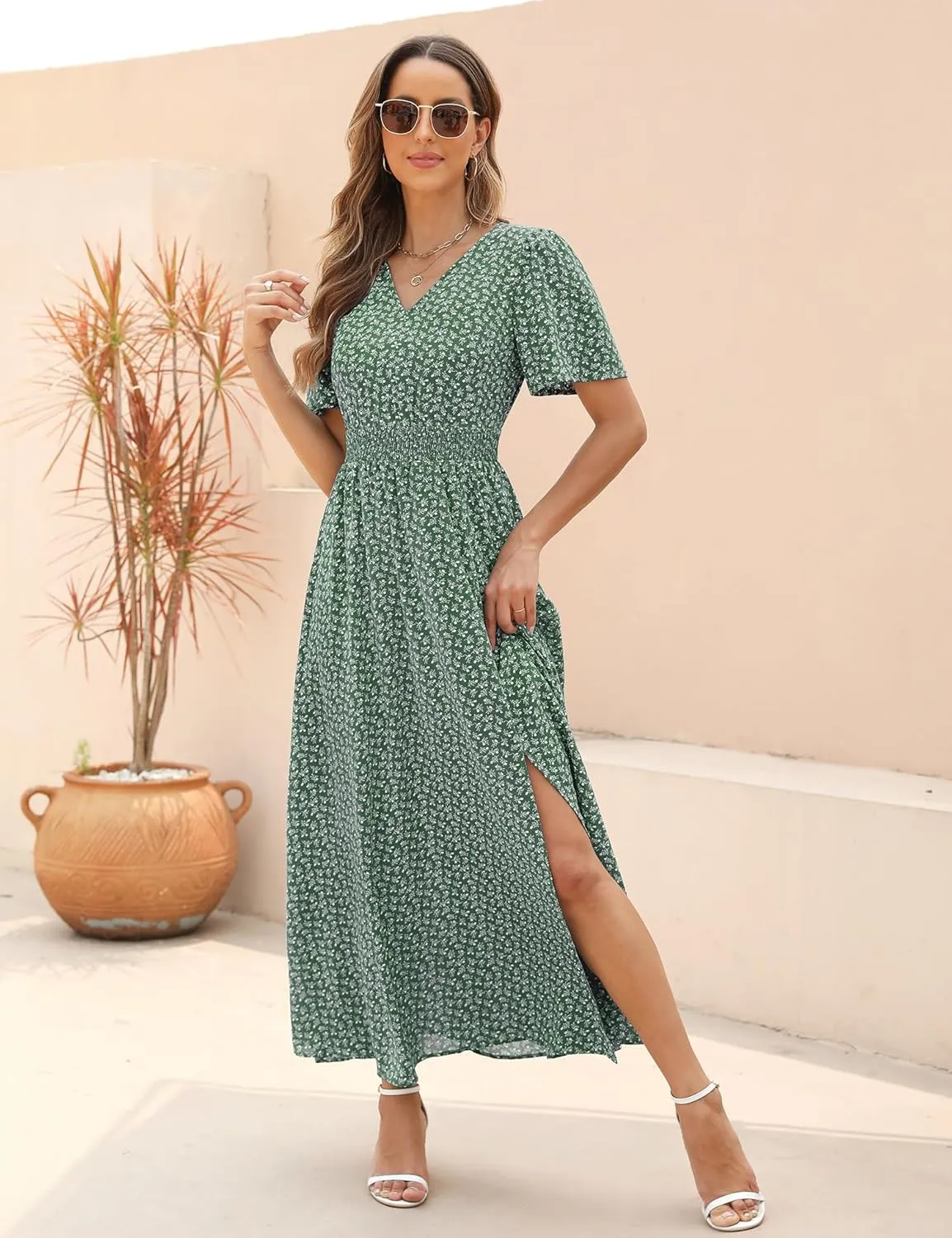 Kranda Women 2025 Summer Spring V Neck High Waist Short Sleeve Casual Long Boho Floral Swing Flowy Slit Beach Maxi Dress